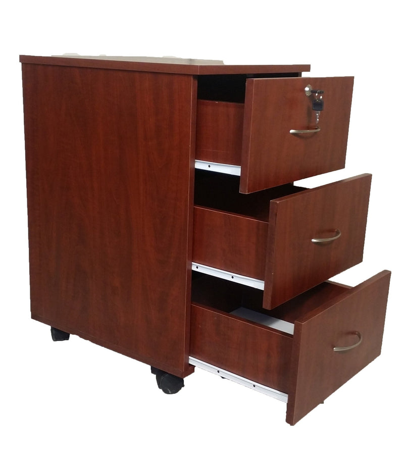 Mahogany mobile office pedestal with 3 drawers, top middle lock, and four wheels underneath.
